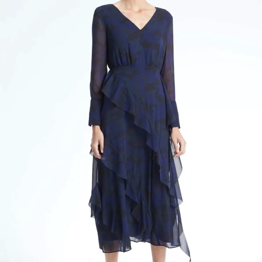 Banana Republic Blue Camo Print Ruffle Dress